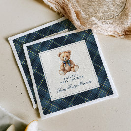 Vintage Blue Tartan Teddy Bear Baby Shower スタンダードカクテルナプキン