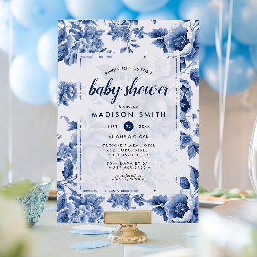 Vintage Blue Toile Floral Baby Shower 招待状