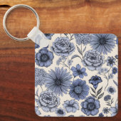 Vintage Blue Toile Floral Botanical Pattern キーホルダー (正面)