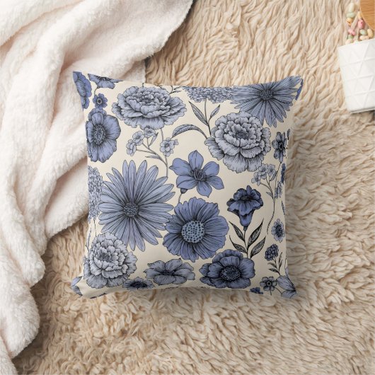 Vintage Blue Toile Floral Botanical Pattern クッション (ブランケット)