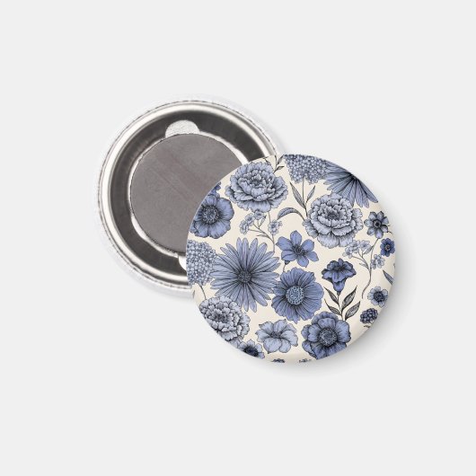 Vintage Blue Toile Floral Botanical Pattern マグネット (正面/裏面)