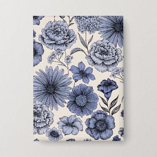 Vintage Blue Toile Floral Botanical Pattern 缶バッジ (正面)