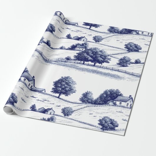 Vintage Blue Toile Landscape (3) ラッピングペーパー (アンロールド)