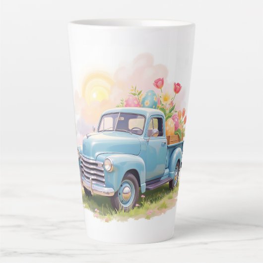 Vintage Blue Truck with Easter Eggs & Tulips カフェラテマグ (正面)