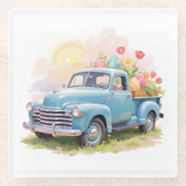 Vintage Blue Truck with Easter Eggs & Tulips ガラスコースター