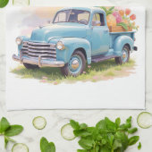 Vintage Blue Truck with Easter Eggs & Tulips キッチンタオル (折り畳み)
