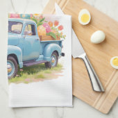 Vintage Blue Truck with Easter Eggs & Tulips キッチンタオル (四つ折り)