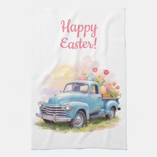 Vintage Blue Truck with Easter Eggs & Tulips キッチンタオル (縦)