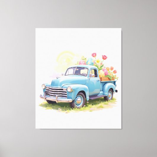 Vintage Blue Truck with Easter Eggs & Tulips キャンバスプリント (正面)
