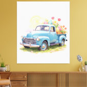 Vintage Blue Truck with Easter Eggs & Tulips キャンバスプリント (インサイチュ (リビング))