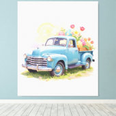 Vintage Blue Truck with Easter Eggs & Tulips キャンバスプリント (インサイチュ (ウッドフロア))