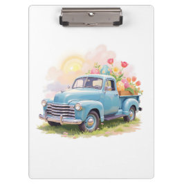 Vintage Blue Truck with Easter Eggs & Tulips クリップボード