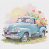 Vintage Blue Truck with Easter Eggs & Tulips シール (正面)