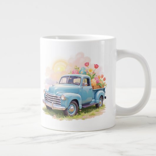 Vintage Blue Truck with Easter Eggs & Tulips ジャンボコーヒーマグカップ (右)