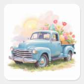 Vintage Blue Truck with Easter Eggs & Tulips スクエアシール (正面)