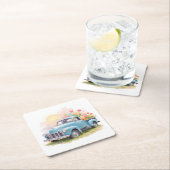 Vintage Blue Truck with Easter Eggs & Tulips スクエアペーパーコースター (インサイチュ)