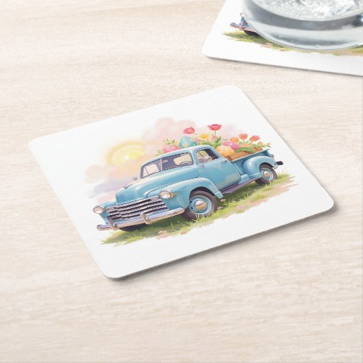 Vintage Blue Truck with Easter Eggs & Tulips スクエアペーパーコースター (アングル)