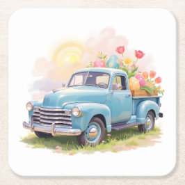 Vintage Blue Truck with Easter Eggs & Tulips スクエアペーパーコースター