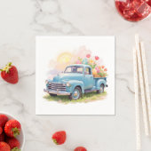Vintage Blue Truck with Easter Eggs & Tulips スタンダードカクテルナプキン (インサイチュ)