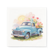 Vintage Blue Truck with Easter Eggs & Tulips