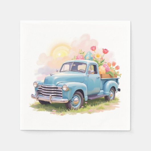 Vintage Blue Truck with Easter Eggs & Tulips スタンダードカクテルナプキン (正面)