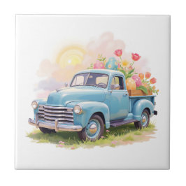 Vintage Blue Truck with Easter Eggs & Tulips タイル