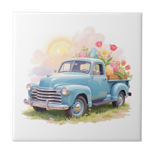 Vintage Blue Truck with Easter Eggs & Tulips タイル (正面)