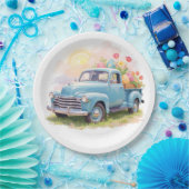 Vintage Blue Truck with Easter Eggs & Tulips ペーパープレート (パーティー)