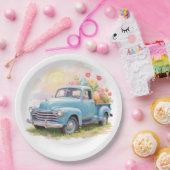 Vintage Blue Truck with Easter Eggs & Tulips ペーパープレート (パーティー)
