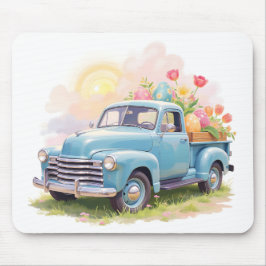Vintage Blue Truck with Easter Eggs & Tulips マウスパッド