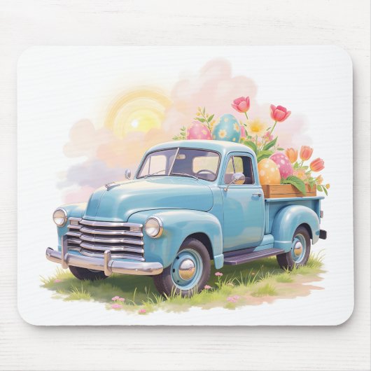 Vintage Blue Truck with Easter Eggs & Tulips マウスパッド (正面)