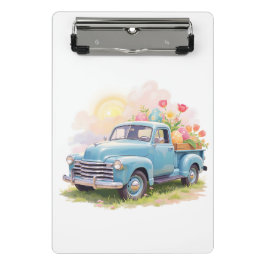 Vintage Blue Truck with Easter Eggs & Tulips ミニクリップボード