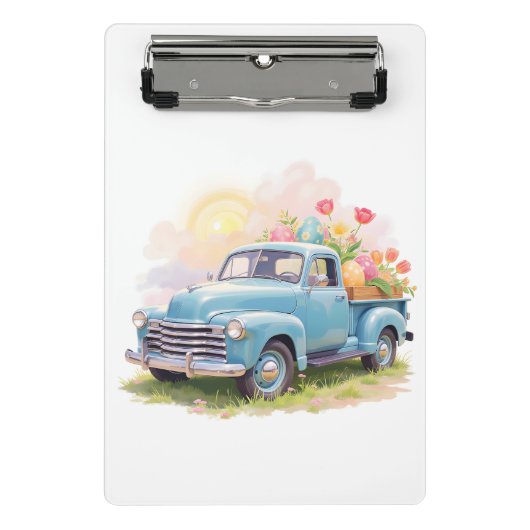 Vintage Blue Truck with Easter Eggs & Tulips ミニクリップボード (正面)