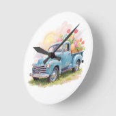 Vintage Blue Truck with Easter Eggs & Tulips ラウンド壁時計 (傾斜)