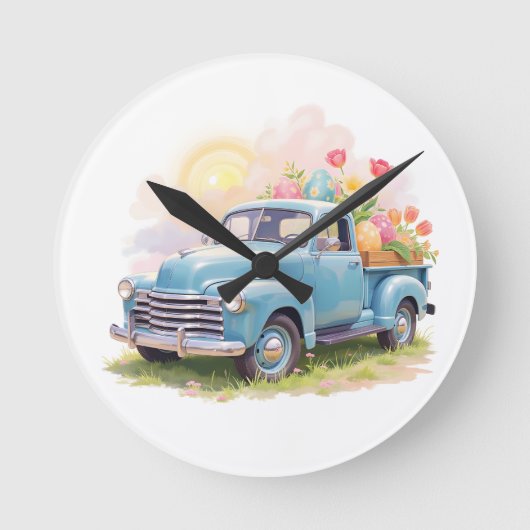 Vintage Blue Truck with Easter Eggs & Tulips ラウンド壁時計 (正面)