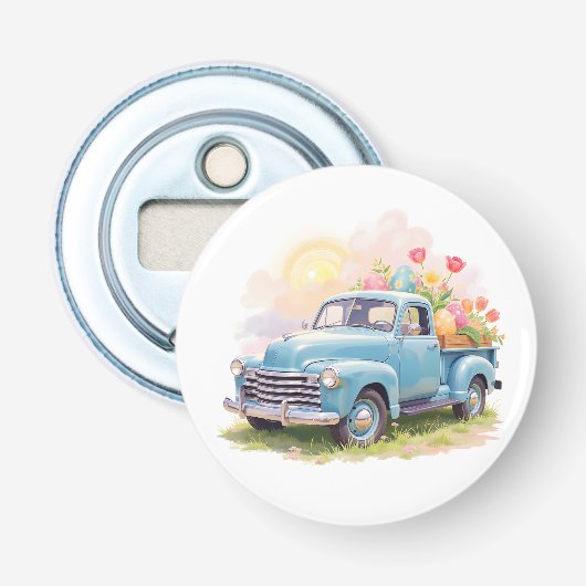 Vintage Blue Truck with Easter Eggs & Tulips 栓抜き (正面)