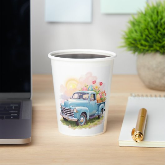 Vintage Blue Truck with Easter Eggs & Tulips 紙コップ (インサイチュ)