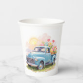 Vintage Blue Truck with Easter Eggs & Tulips 紙コップ (正面)