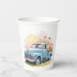 Vintage Blue Truck with Easter Eggs & Tulips 紙コップ