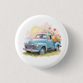 Vintage Blue Truck with Easter Eggs & Tulips 缶バッジ
