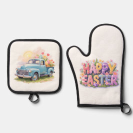 Vintage Blue Truck with Easter Eggs & Tulips 鍋つかみ&鍋敷きセット