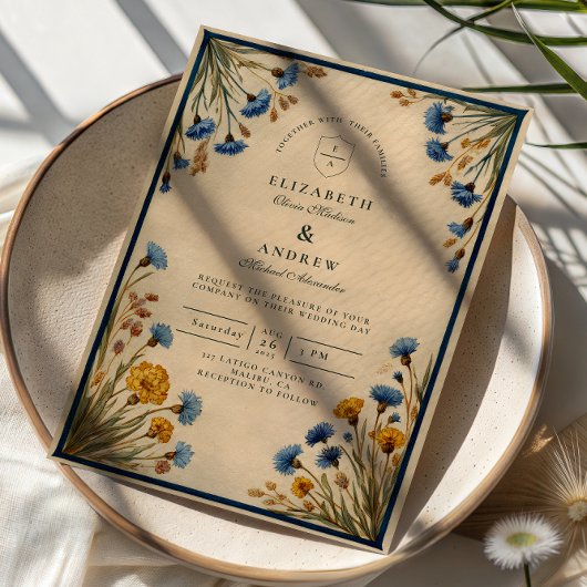 Vintage Blue Wildflower Wedding 招待状