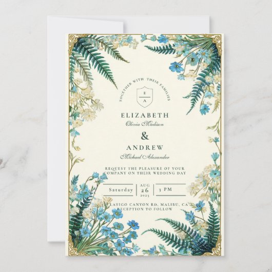 Vintage Bluebell Botanical Wedding 招待状 (正面)