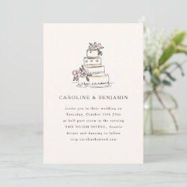 Vintage Blush Cream Doodle Minimalist Wedding Cake 招待状