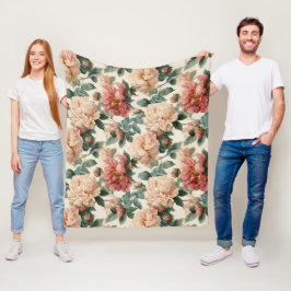 Vintage Blush Peony Cream Floral Pattern フリースブランケット