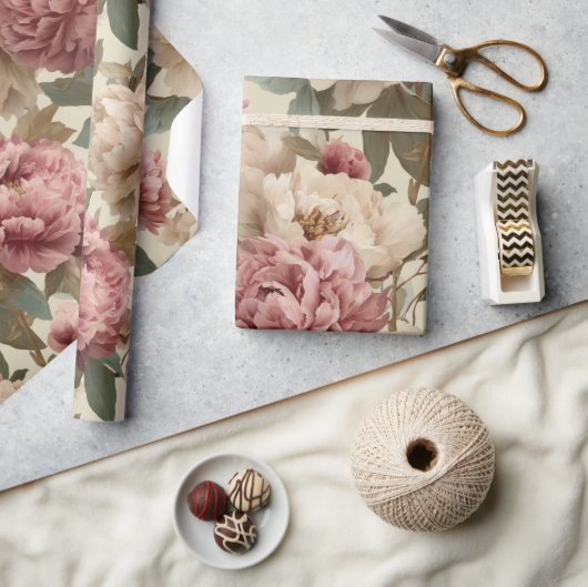Vintage Blush Peony Cream Floral Pattern ラッピングペーパー (クラフト)