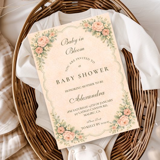 Vintage Blush Rose Garden Baby Shower 招待状