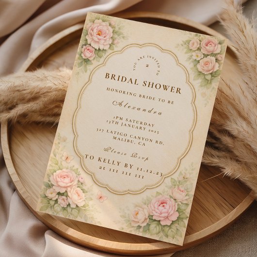 Vintage Blush Rose Garden Bridal Shower 招待状