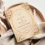 Vintage Blush Rose Garden Wedding セーブザデート<br><div class="desc">A romantic vintage wedding design featuring delicate watercolor blush roses blooming in the corners around an elegant scalloped frame. Set against a warm parchment background, the soft botanical details and refined typography create a timeless garden aesthetic inspired by classic European wedding stationery. The gentle pastel palette and antique floral charm...</div>