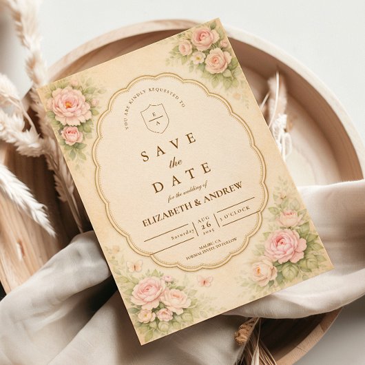 Vintage Blush Rose Garden Wedding セーブザデート